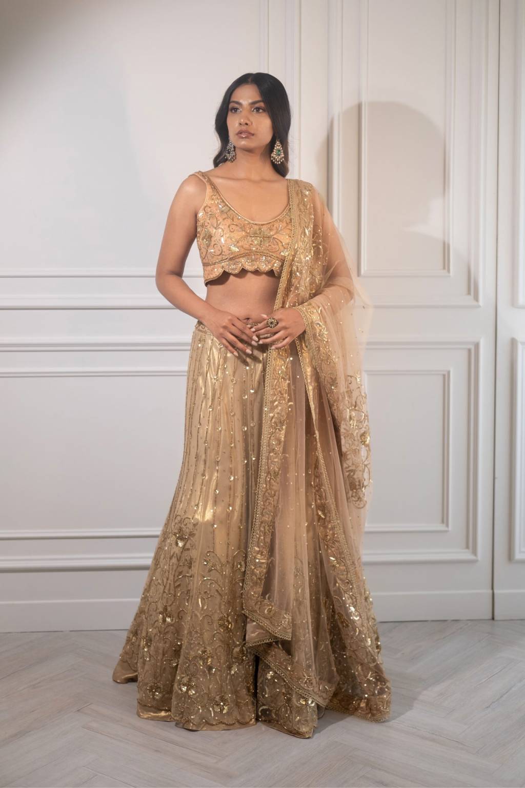 Peach And Gold Hand Embroidered Lehenga
