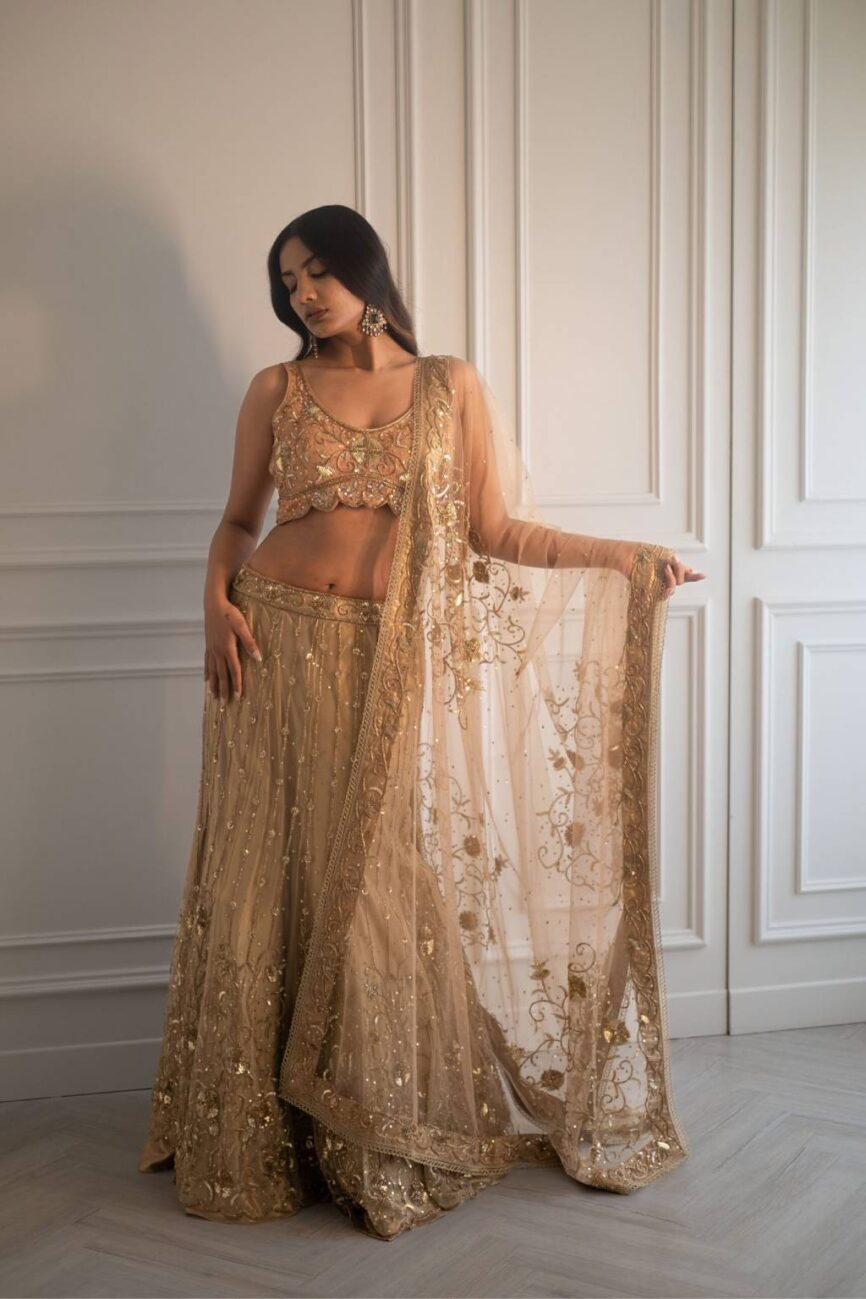 Peach And Gold Hand Embroidered Lehenga
