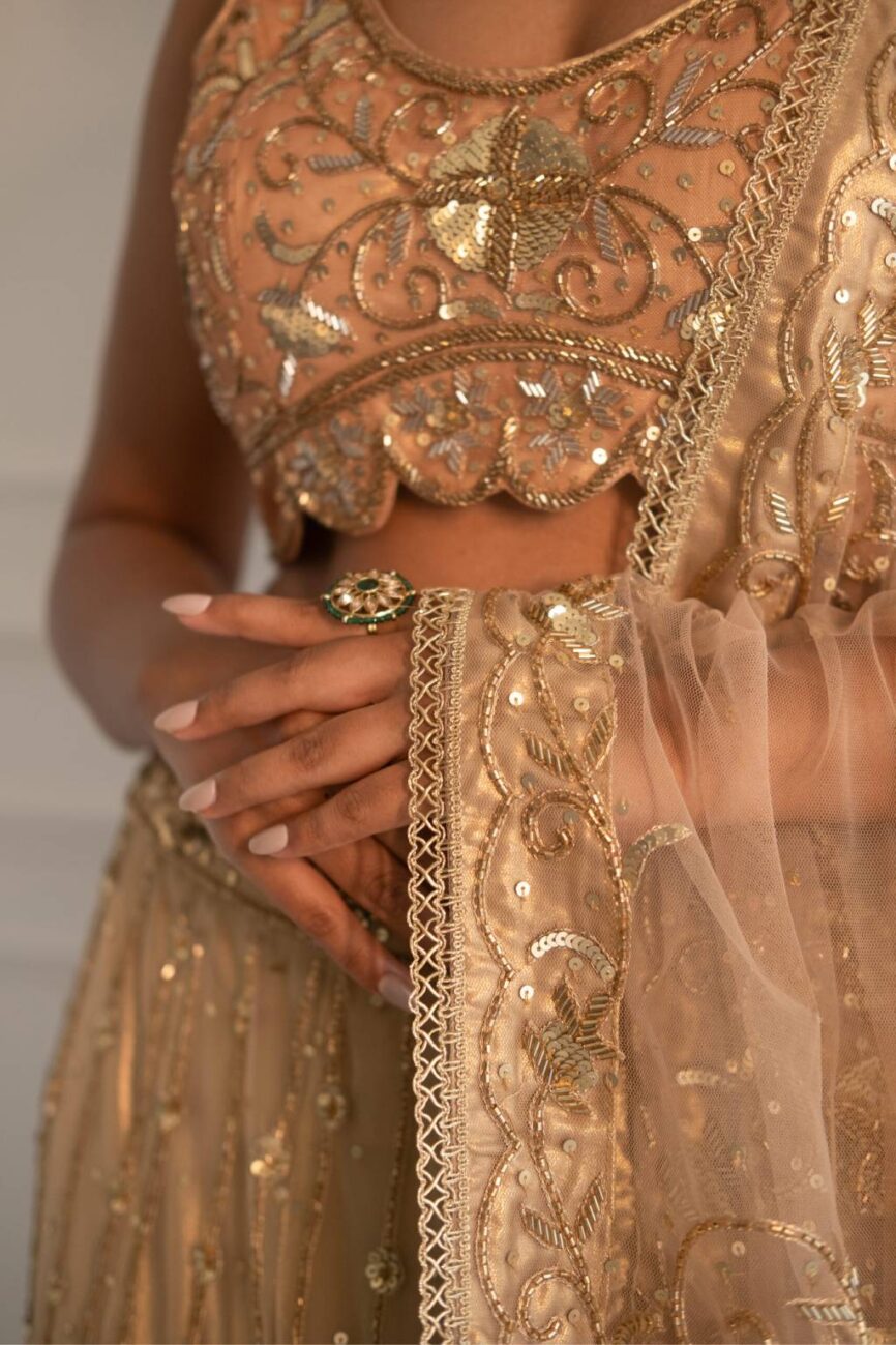 Peach And Gold Hand Embroidered Lehenga