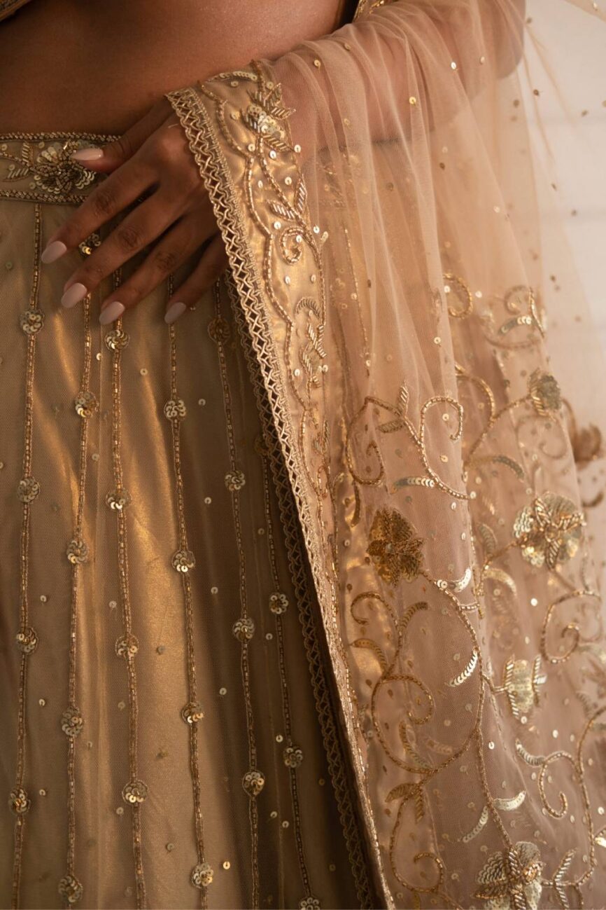 Peach And Gold Hand Embroidered Lehenga