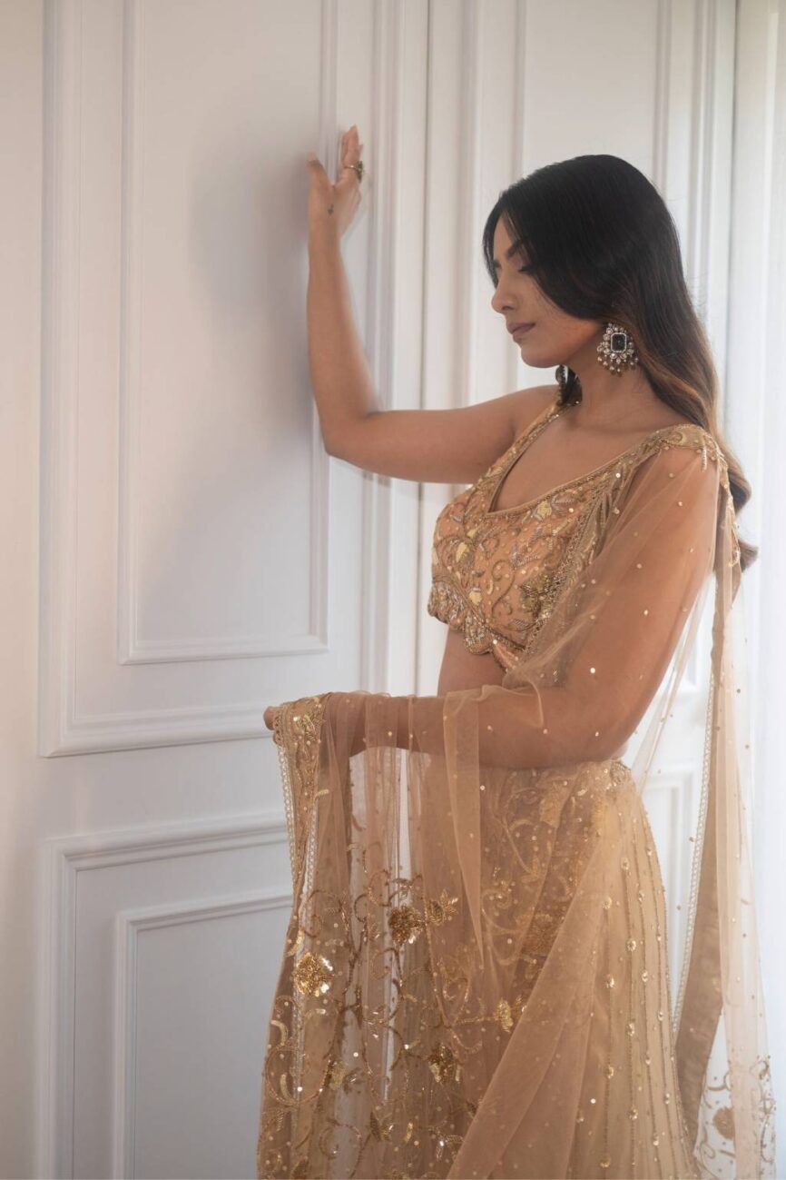 Peach And Gold Hand Embroidered Lehenga