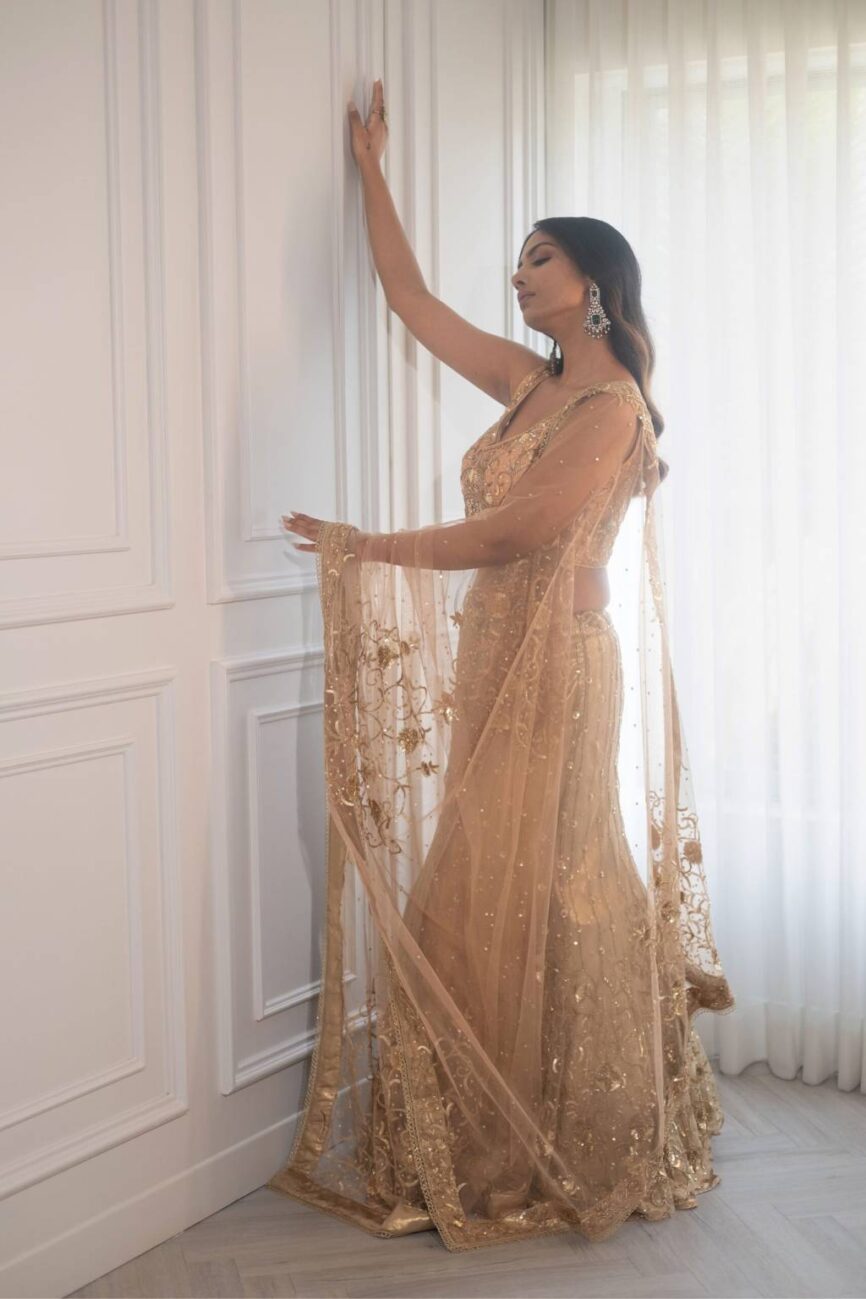 Peach And Gold Hand Embroidered Lehenga