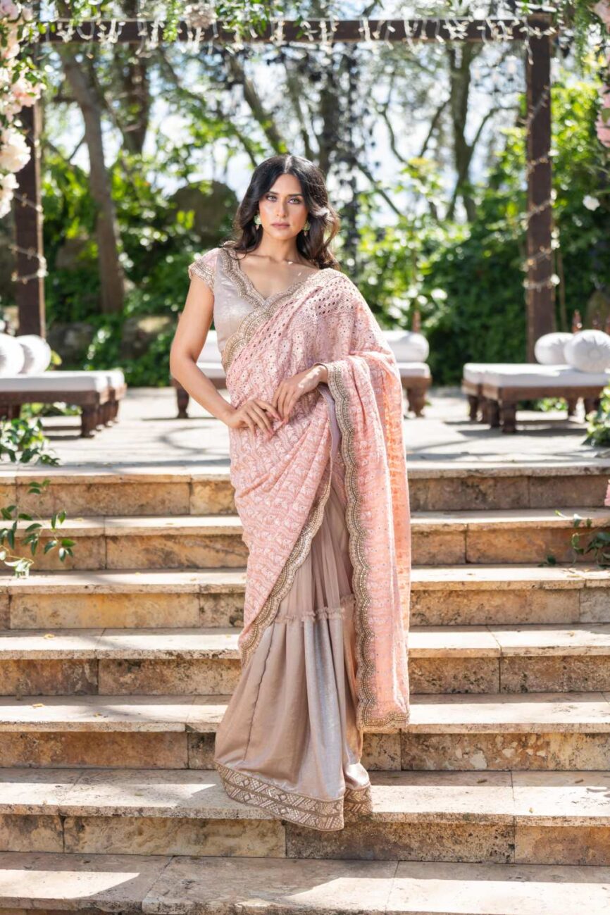 Blush Pink And Beige Chikankari Saree-SARA By Rashi