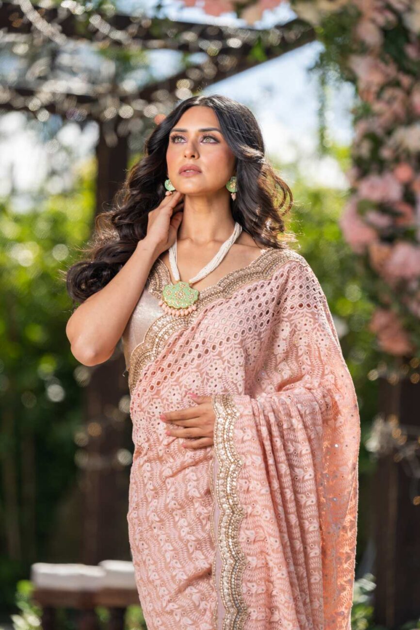 Blush Pink And Beige Chikankari Saree-SARA By Rashi