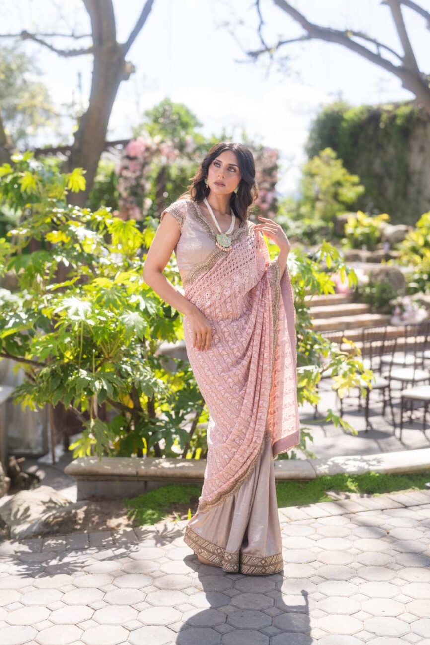 Blush Pink And Beige Chikankari Saree-SARA By Rashi