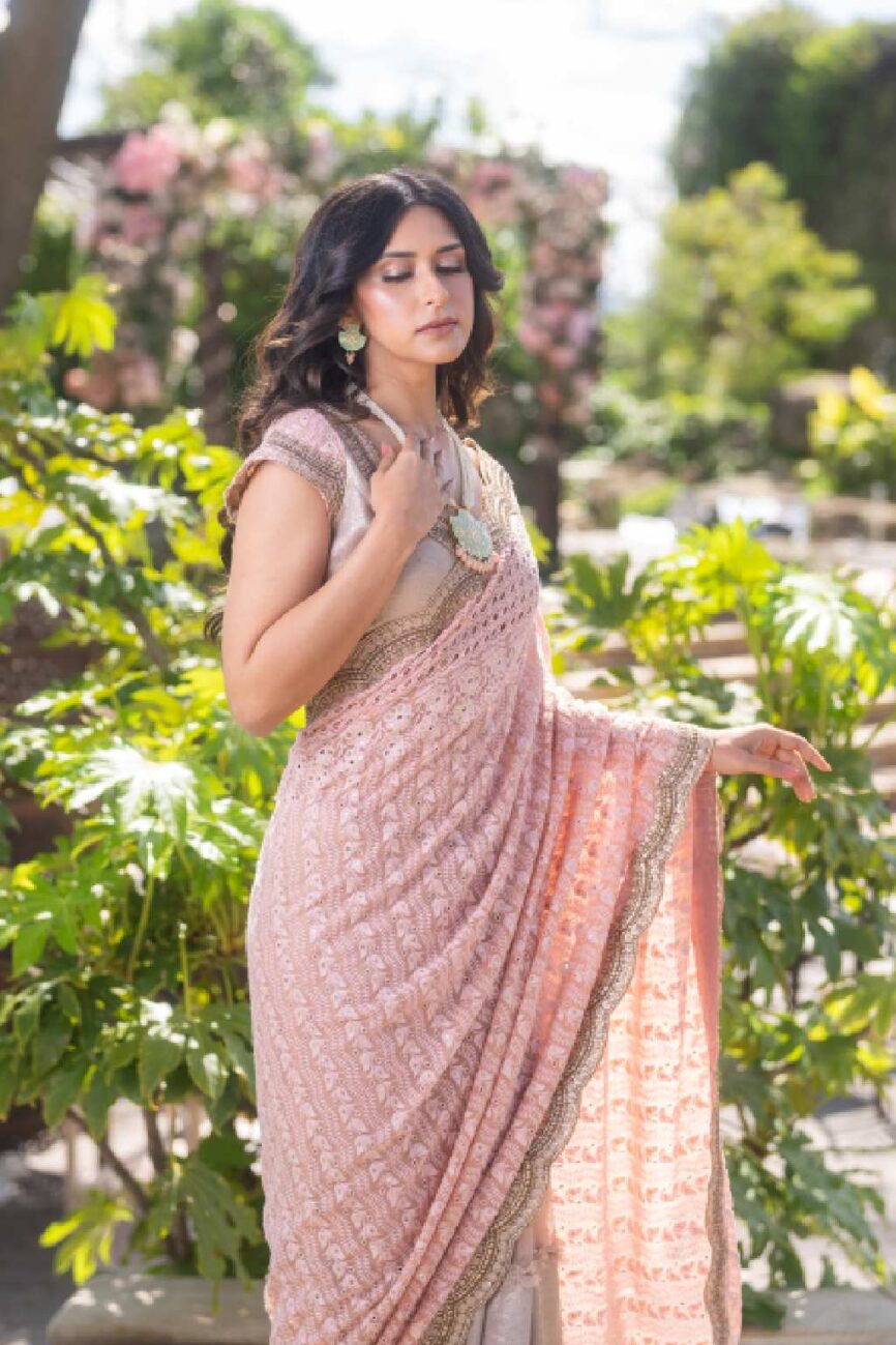 Blush Pink And Beige Chikankari Saree-SARA By Rashi