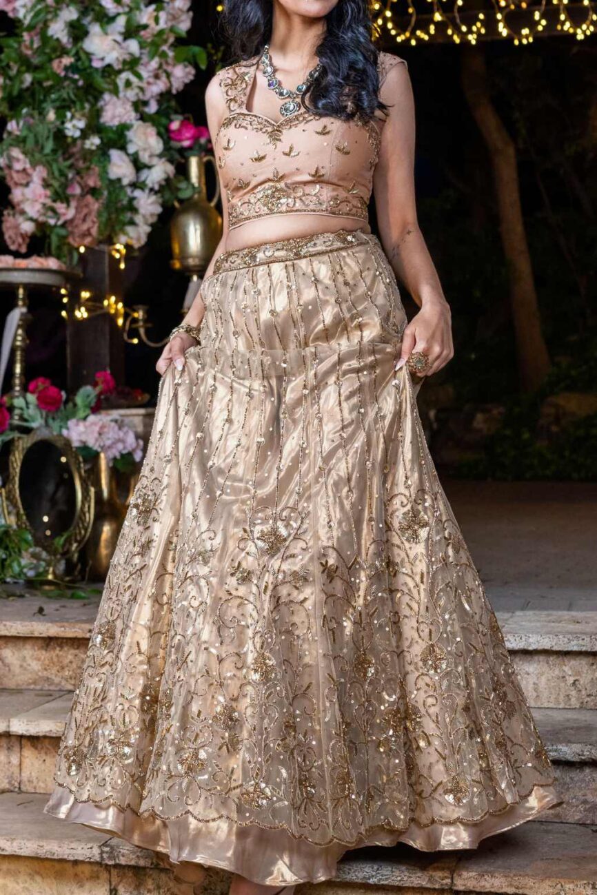 Luxurious Blush Gold Blouse and Skirt Set For Weddings - Sara By Rashi