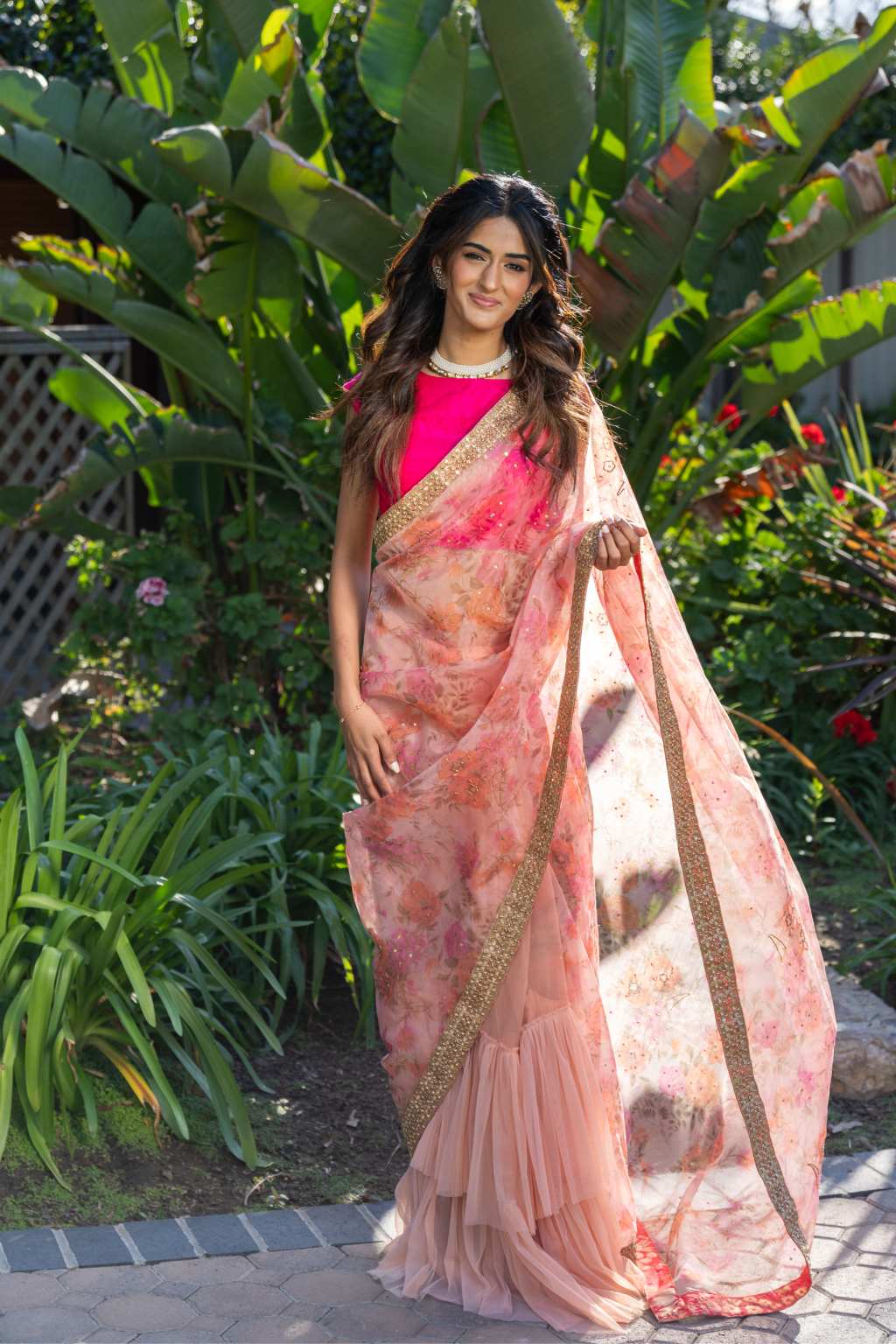Floral Organza Pleated Saree Set By Rashi Sharma