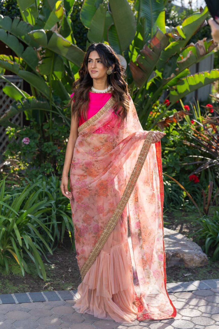 Floral Organza Pleated Saree Set