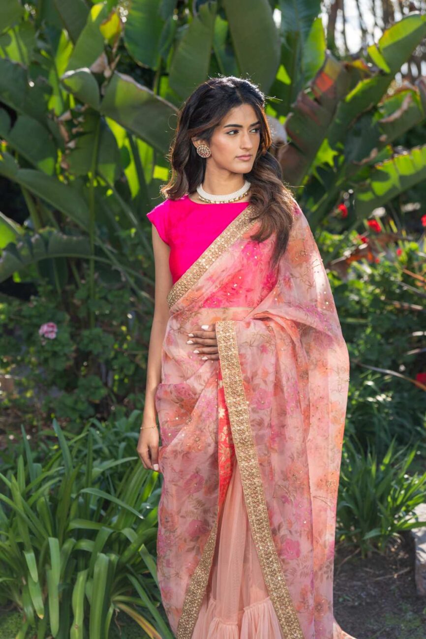 Floral Organza Pleated Saree Set