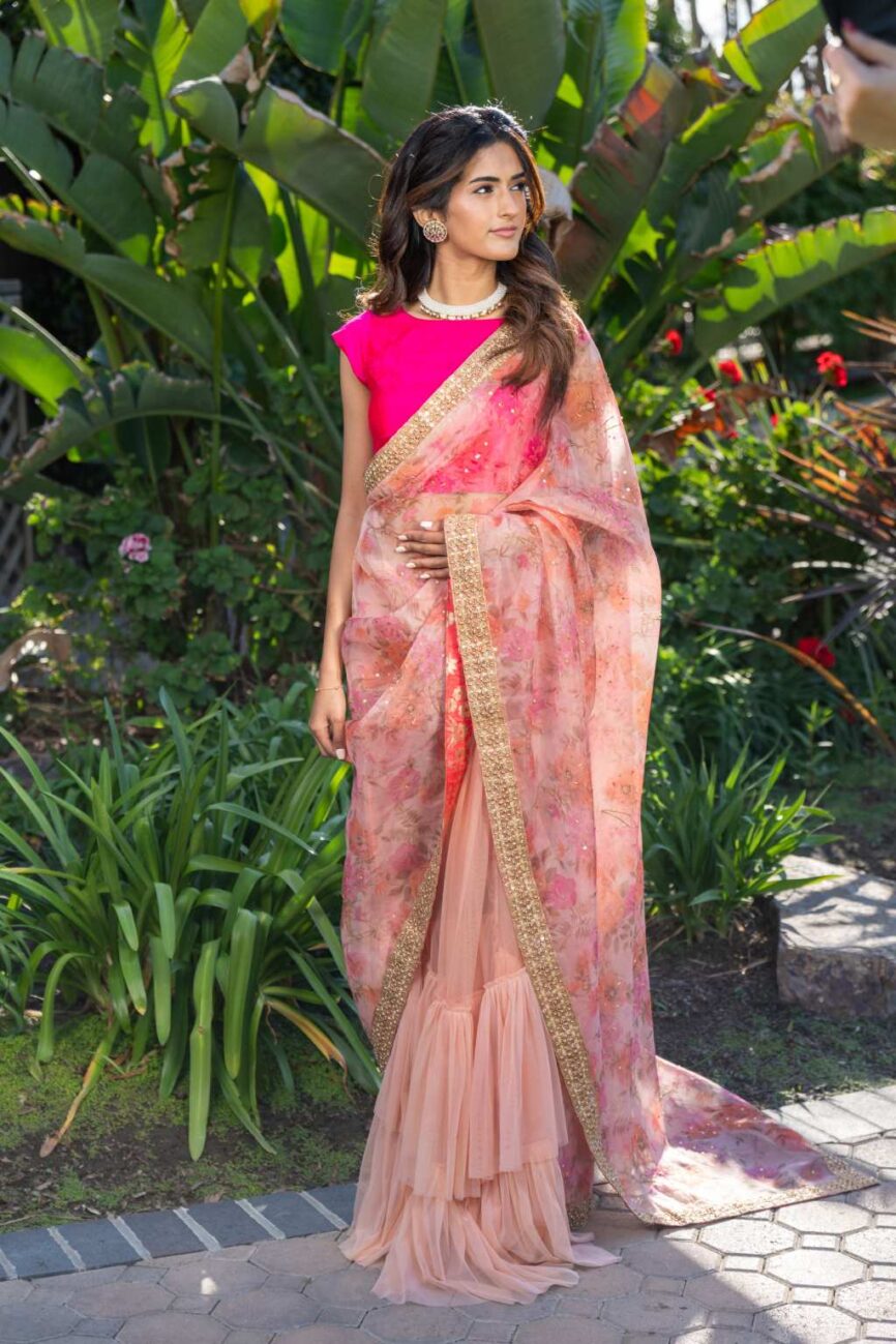 Floral Organza Pleated Saree Set