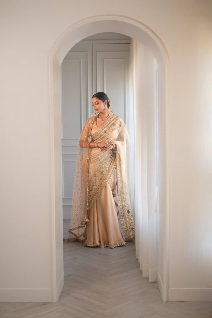 Ivory And Peach Lehenga Saree Set