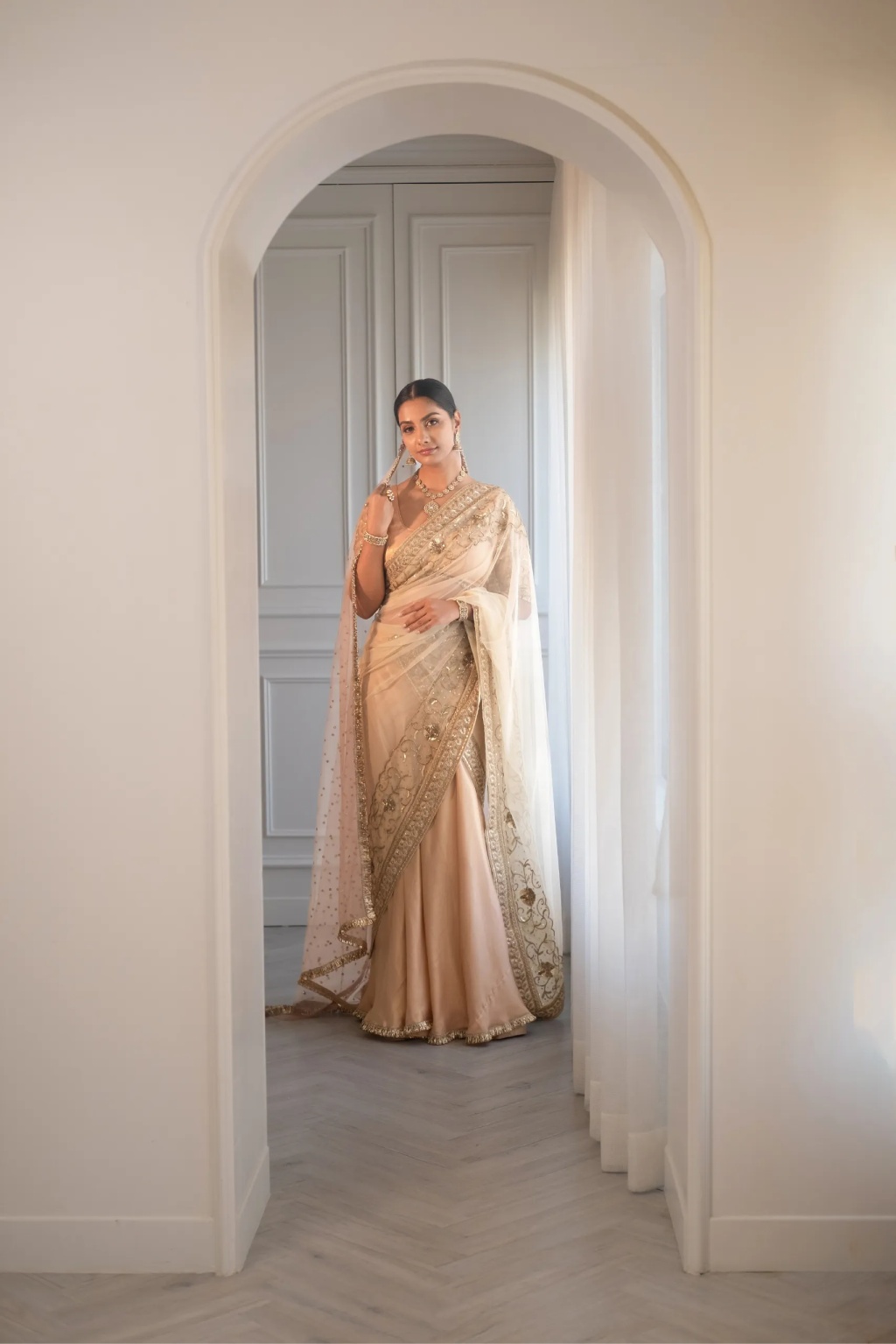 Ivory And Peach Lehenga Saree Set by Rashi Sharma