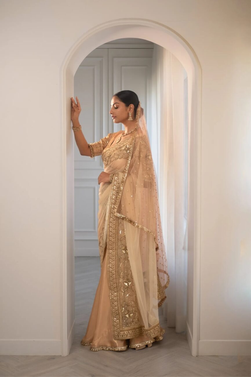 Ivory And Peach Lehenga Saree Set