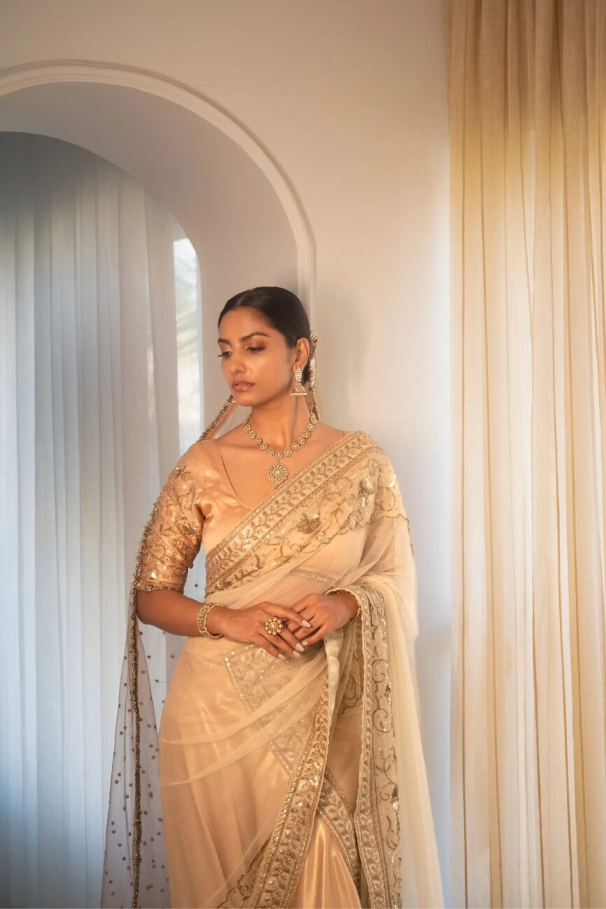 Ivory And Peach Lehenga Saree Set