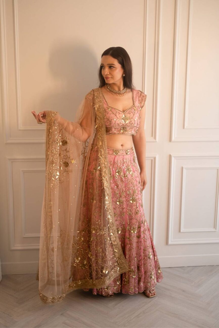 Pink Jaal Hand Embroidered Lehenga