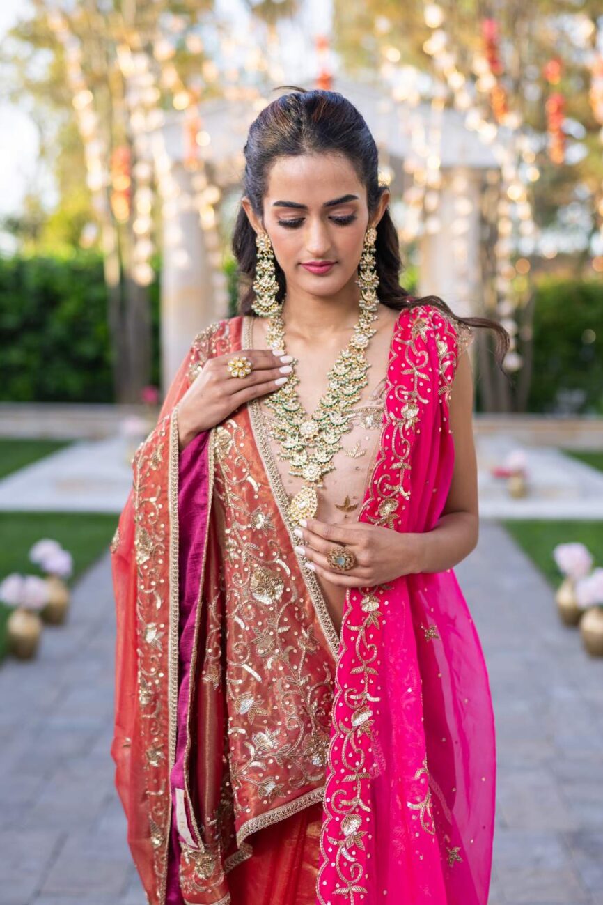 Pink tissue hand embroidered designer saree