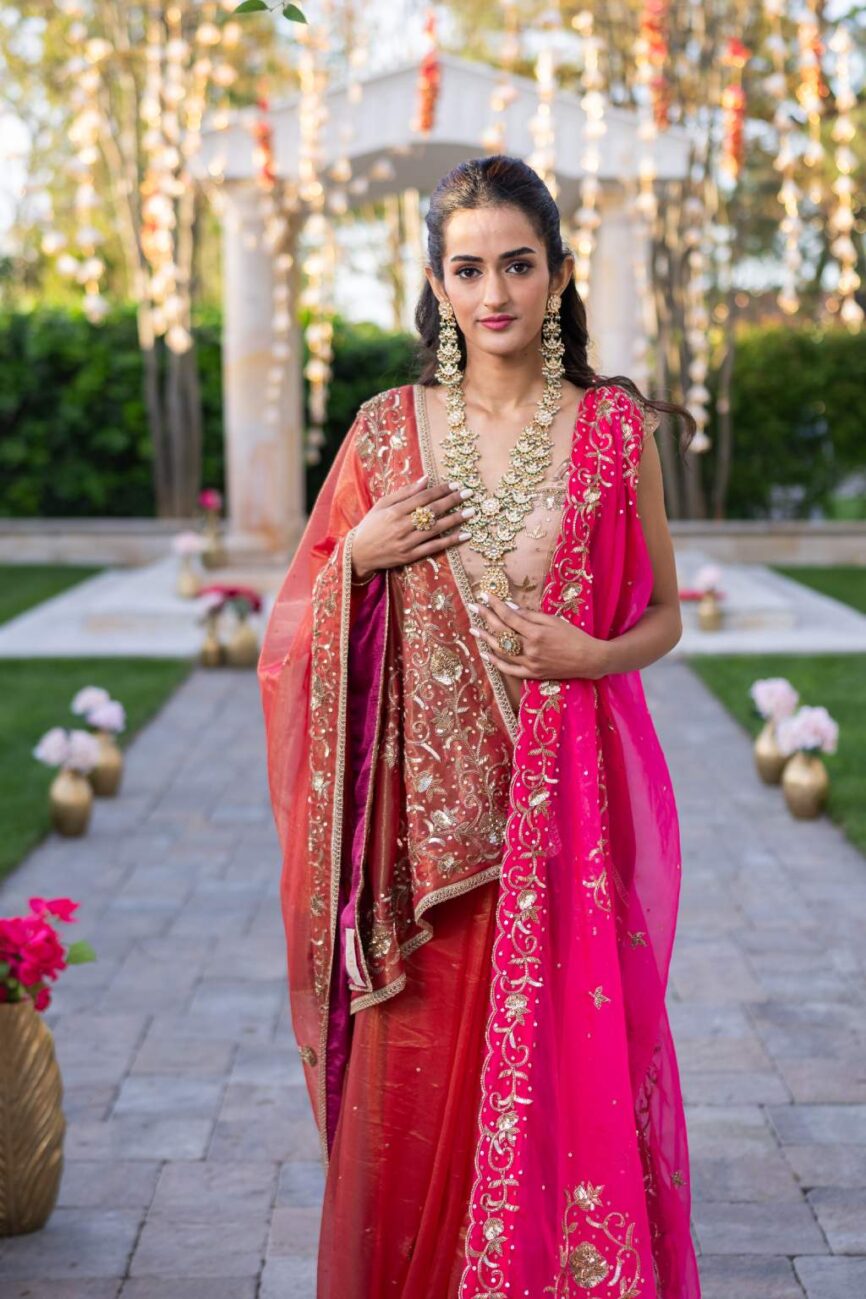 Pink tissue hand embroidered saree for wedding and party
