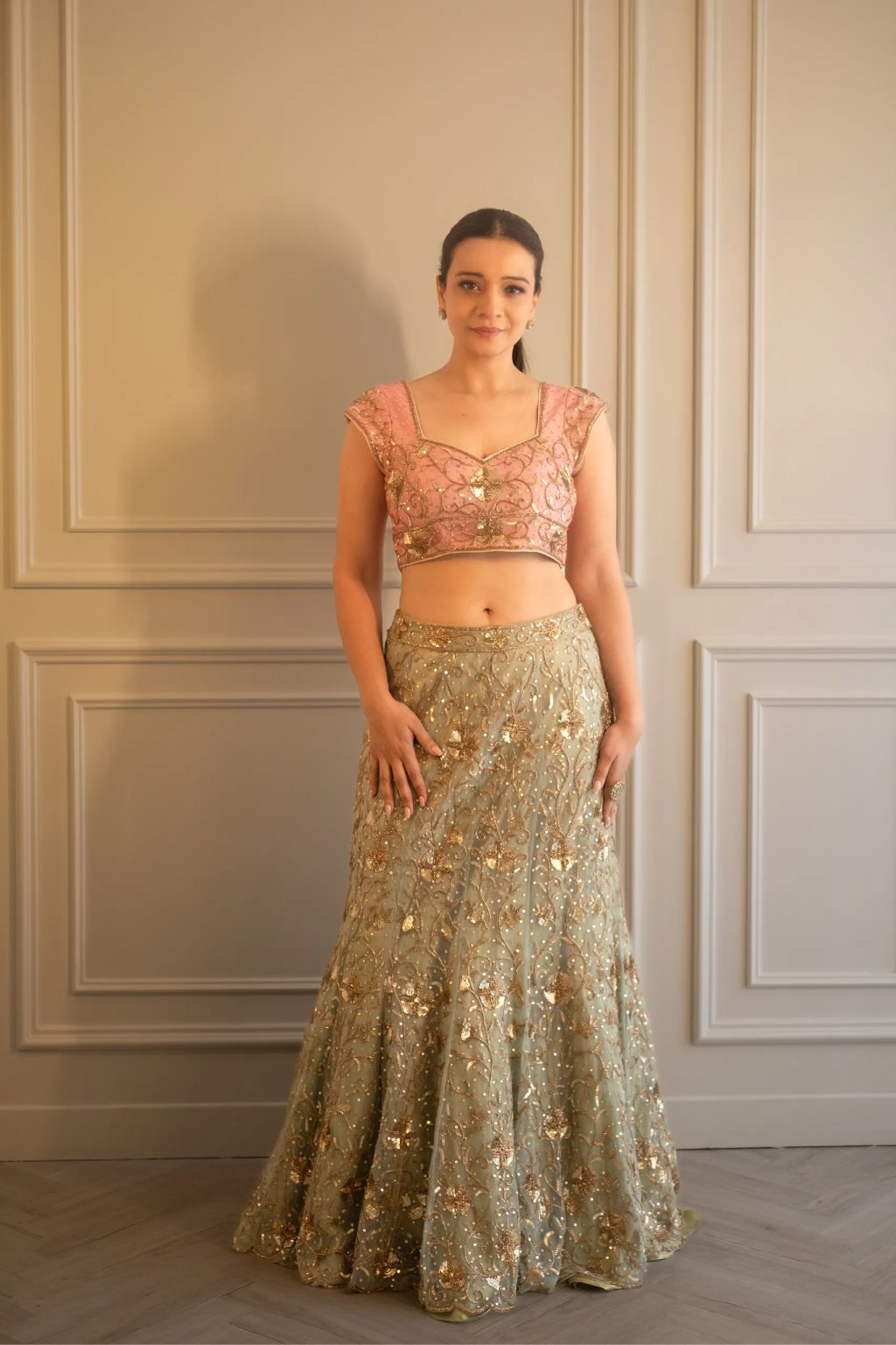 soft pink green hand embroidered blouse and skirt set - sara by rashi - gowns for indian wedding reception
