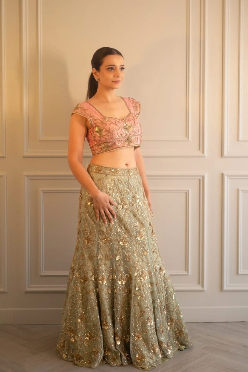 soft pink green hand embroidered blouse and skirt set - sara by rashi - wedding gown for indian bride