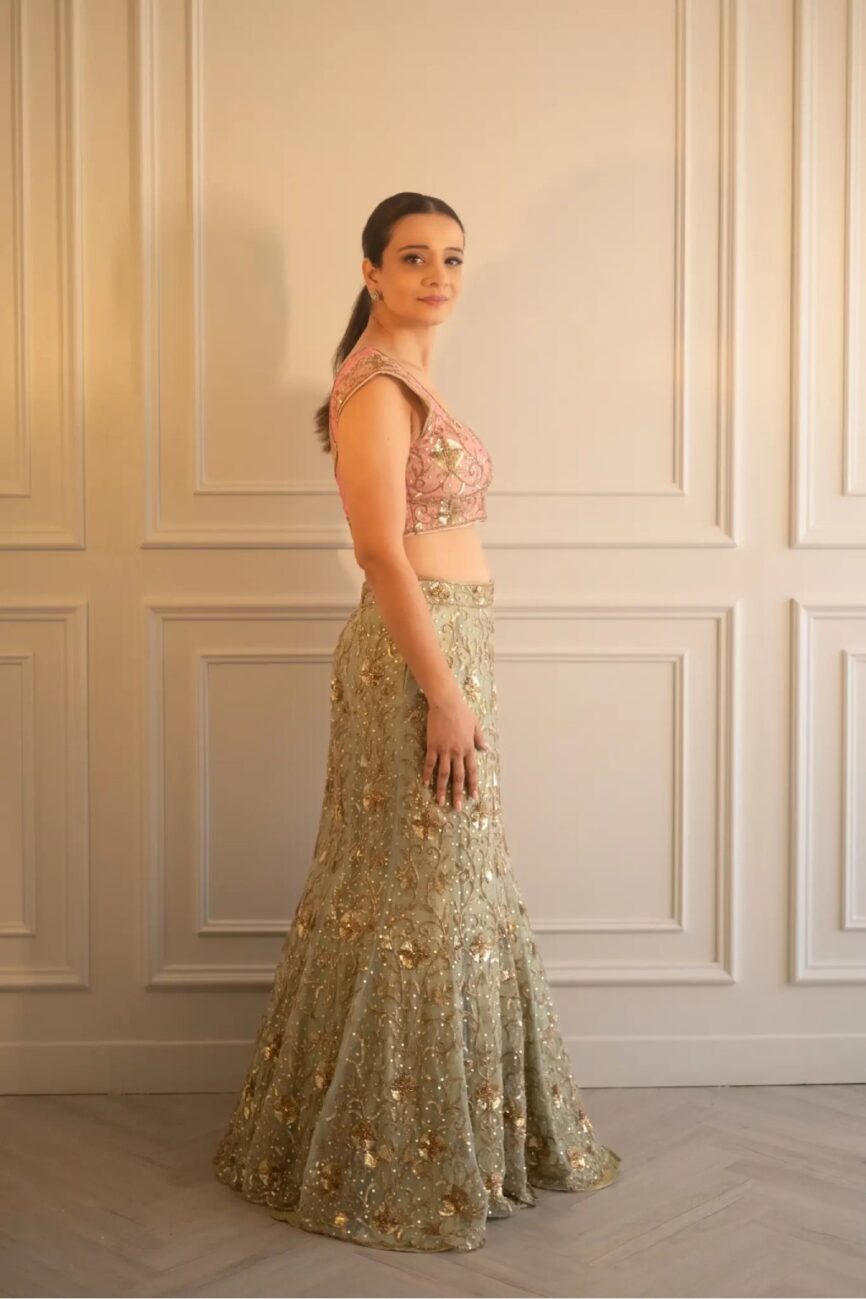 soft pink green hand embroidered blouse and skirt set - sara by rashi - skirt and blouse set for wedding