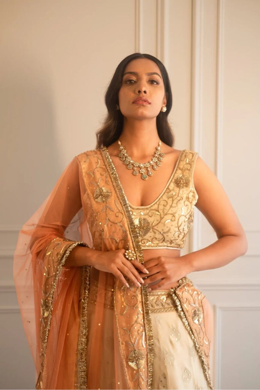 Ivory And Gold Georgette Brocade Lehenga