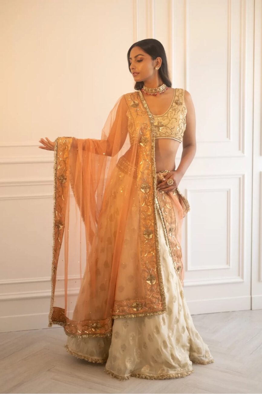 Ivory And Gold Georgette Brocade Lehenga