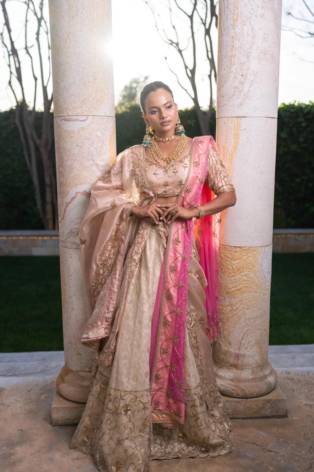 Peach And Ivory Banarasi Hand-Embroidered Lehenga Set