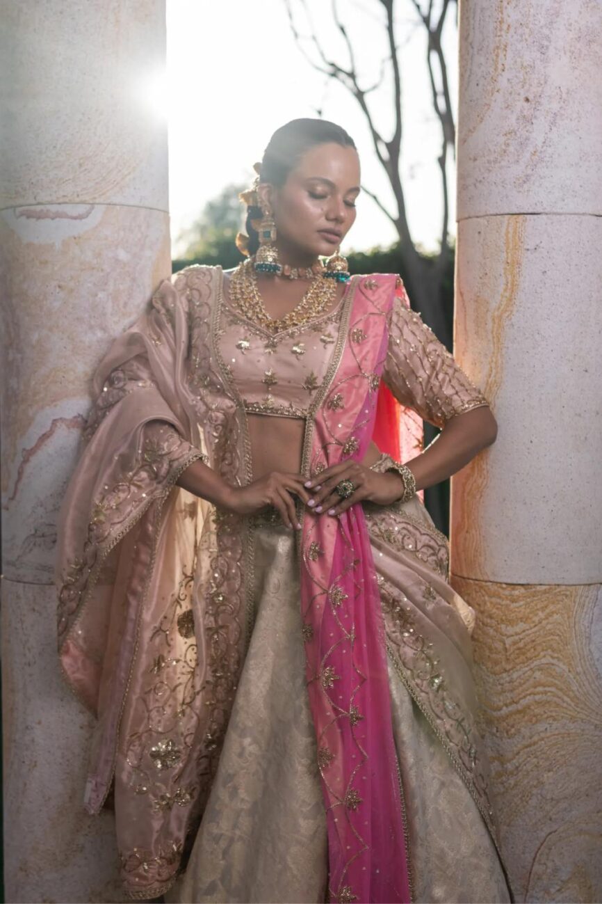 Peach And Ivory Banarasi Hand-Embroidered Lehenga Set