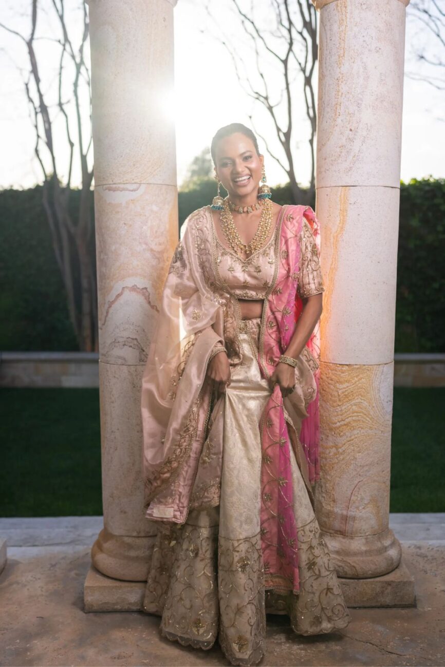 Peach And Ivory Banarasi Hand-Embroidered Lehenga Set