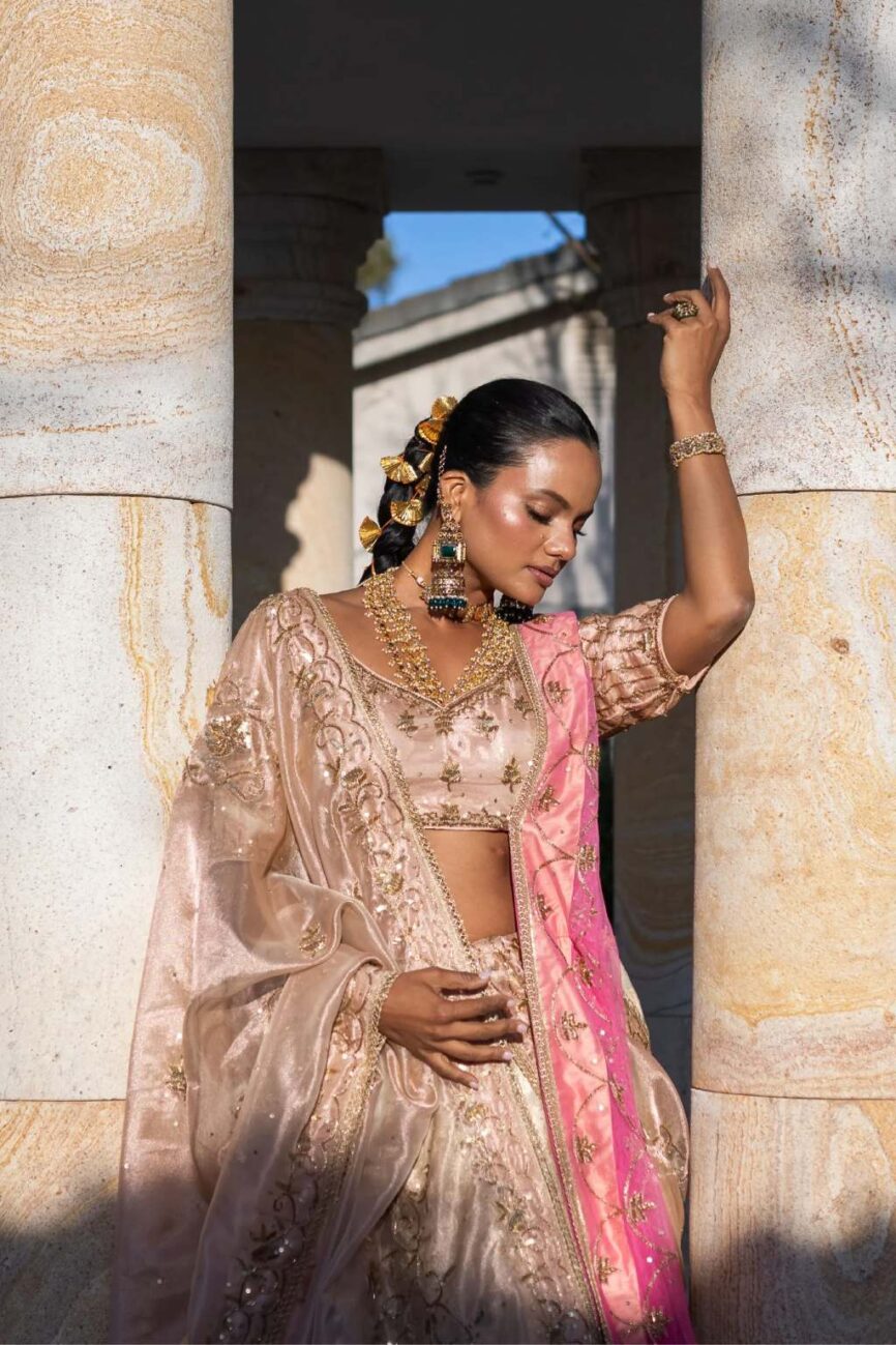 Peach And Ivory Banarasi Hand-Embroidered Lehenga Set