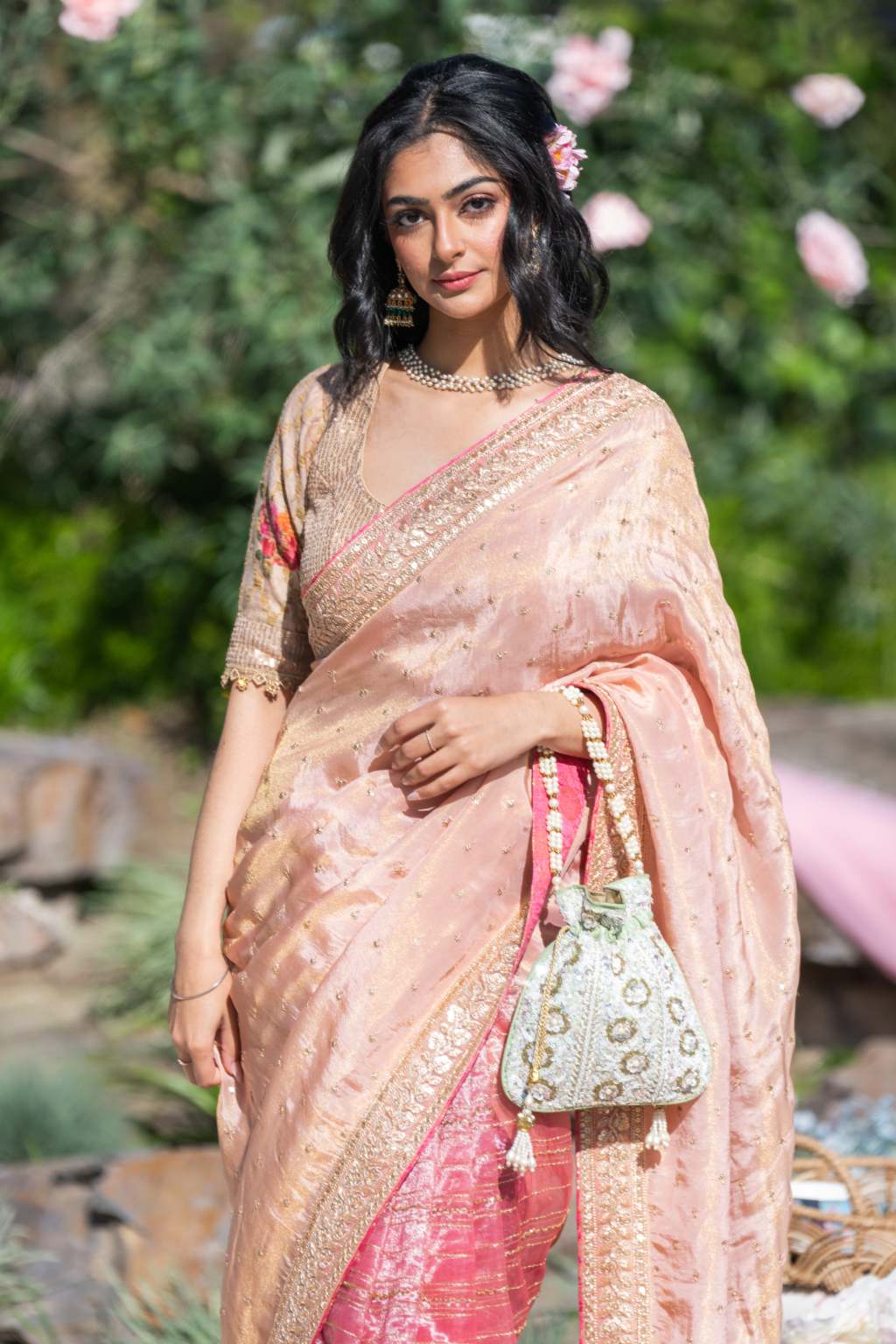Blush Pink Tissue And Organza Saree By Rashi Sharma