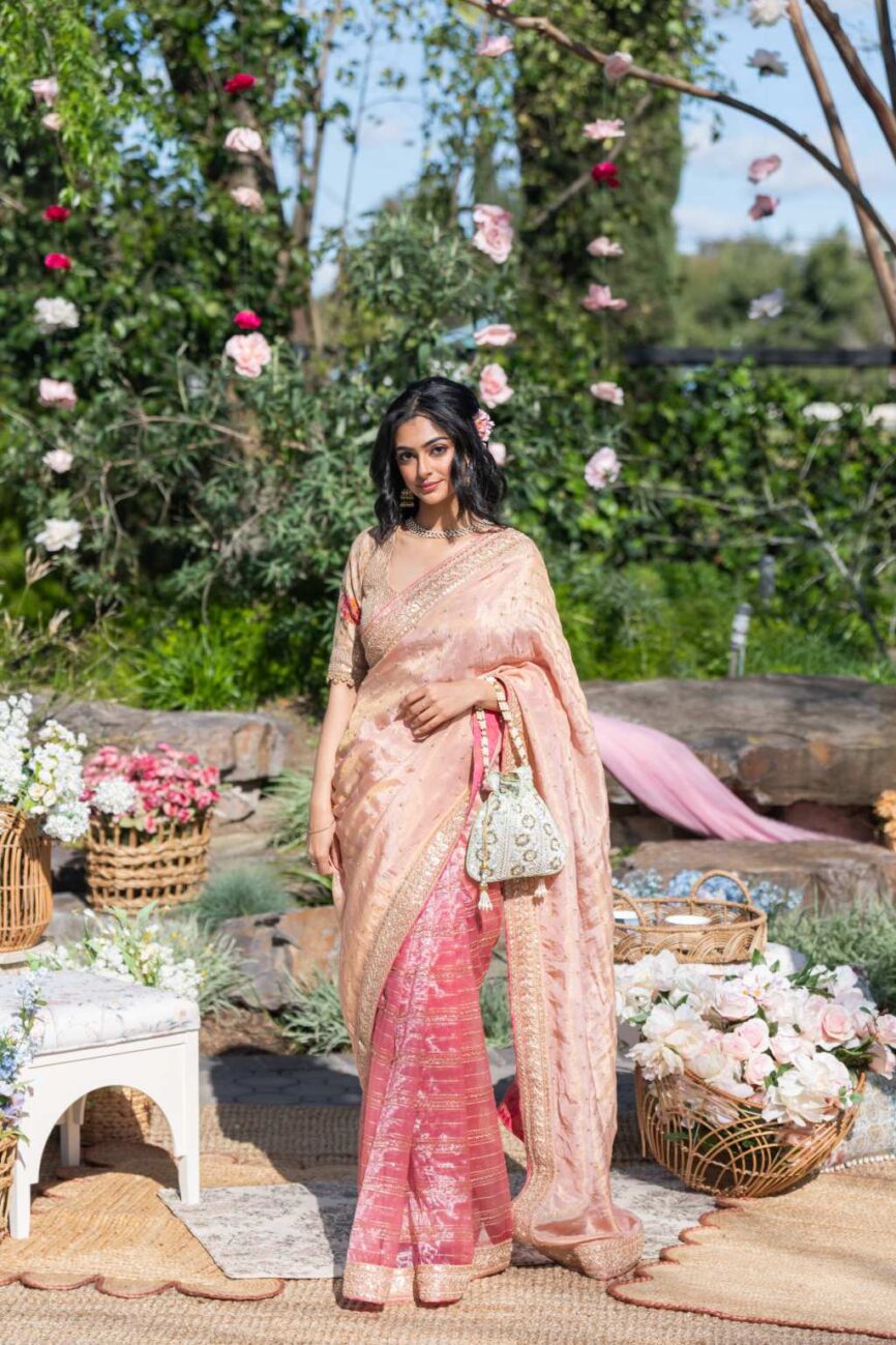 Blush Pink Tissue And Organza Saree