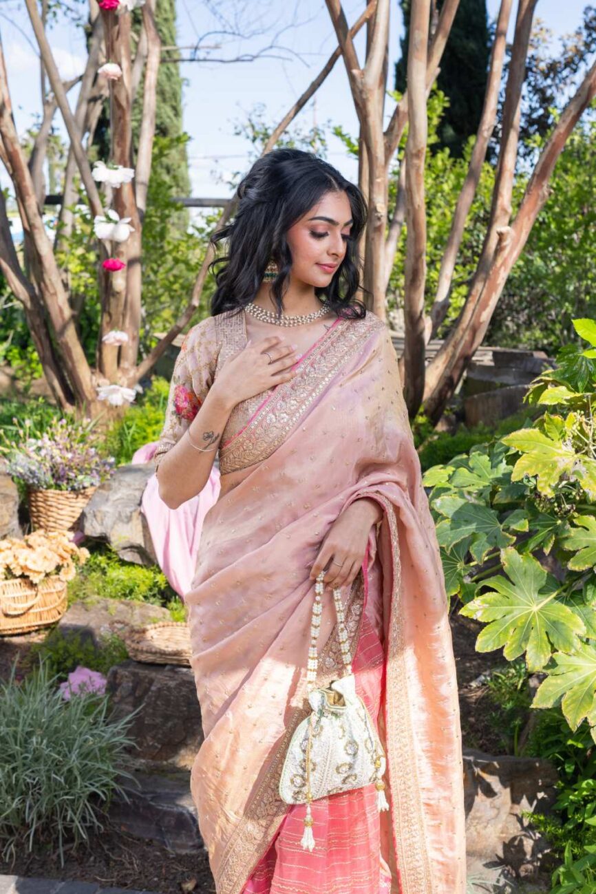 Blush Pink Tissue And Organza Saree