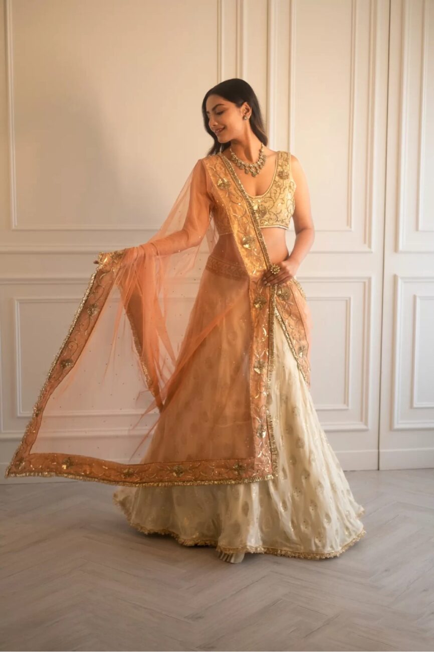 Ivory And Gold Georgette Brocade Lehenga