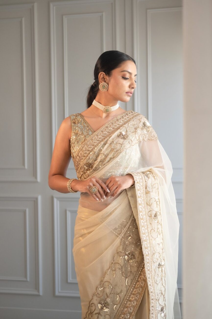 Ivory And Gold Lehenga Saree Set