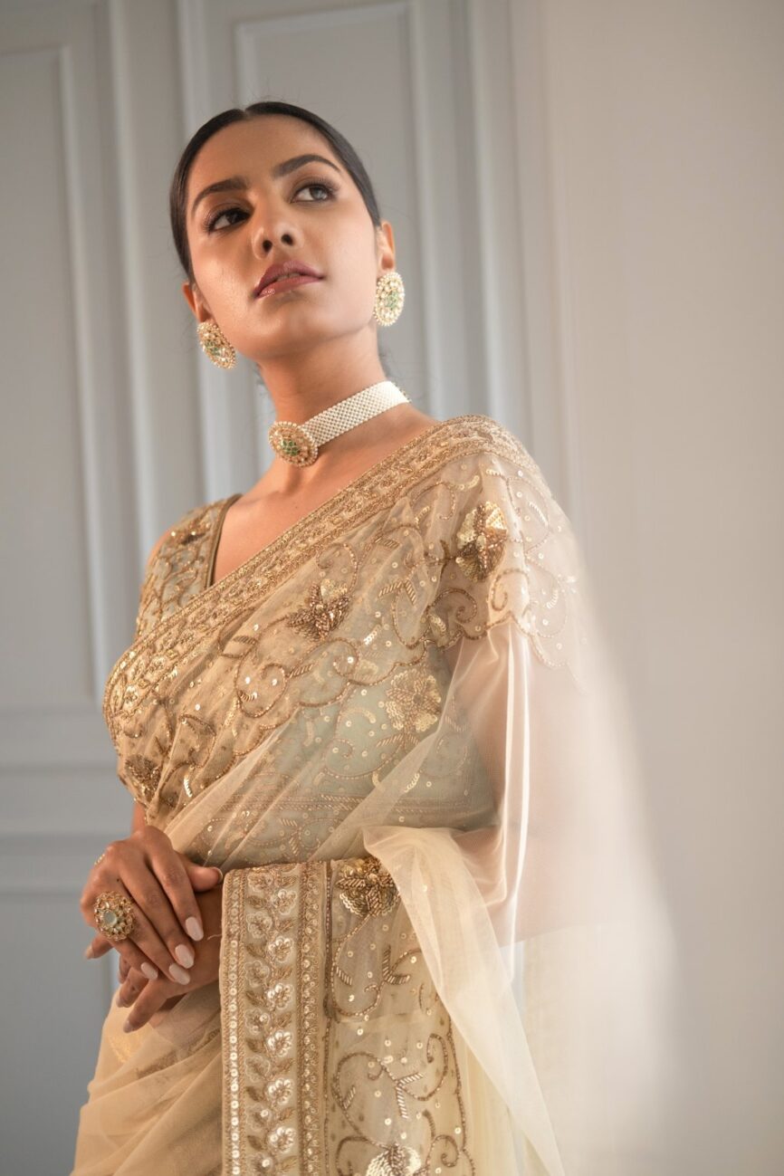 Ivory And Gold Lehenga Saree Set