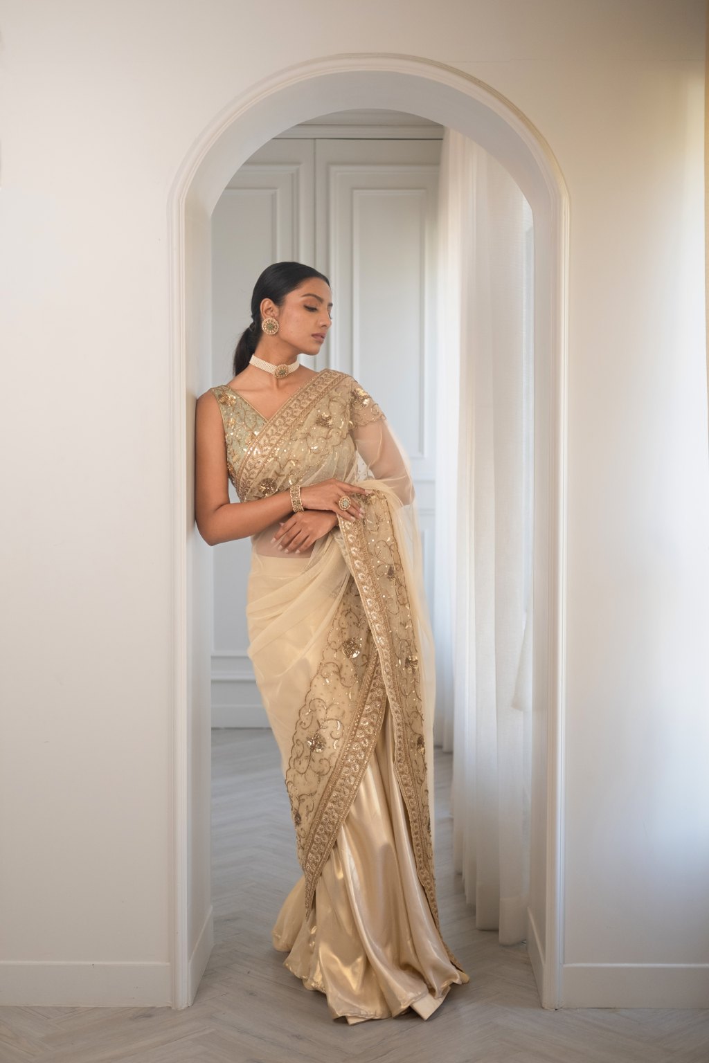 Ivory And Gold Lehenga Saree Set