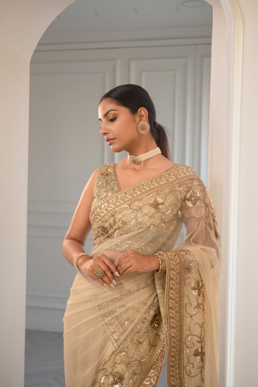 Ivory And Gold Lehenga Saree Set