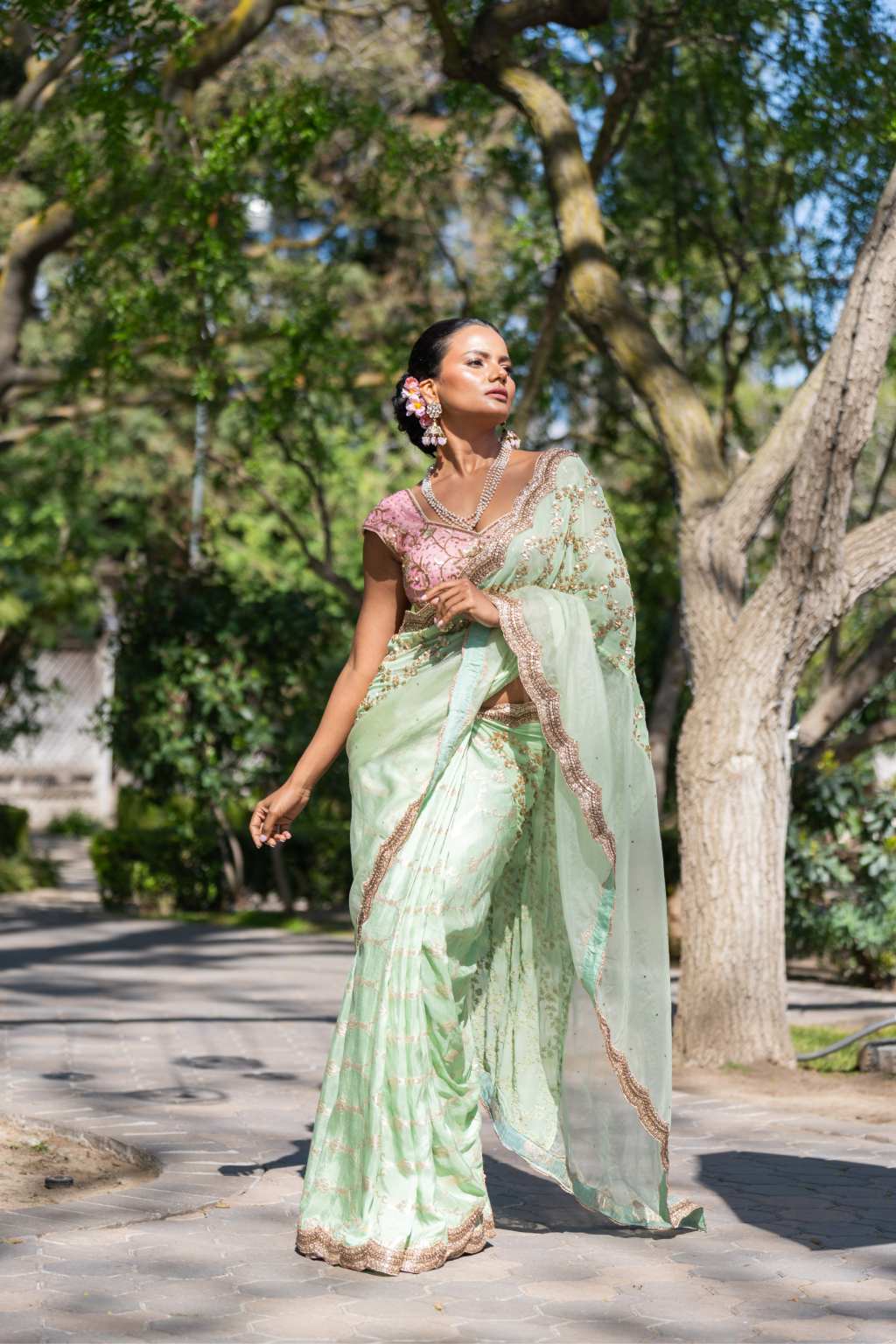 sage green saree by Rashi Sharma
