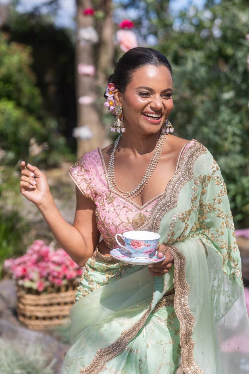 Sage green saree by Rashi Sharma