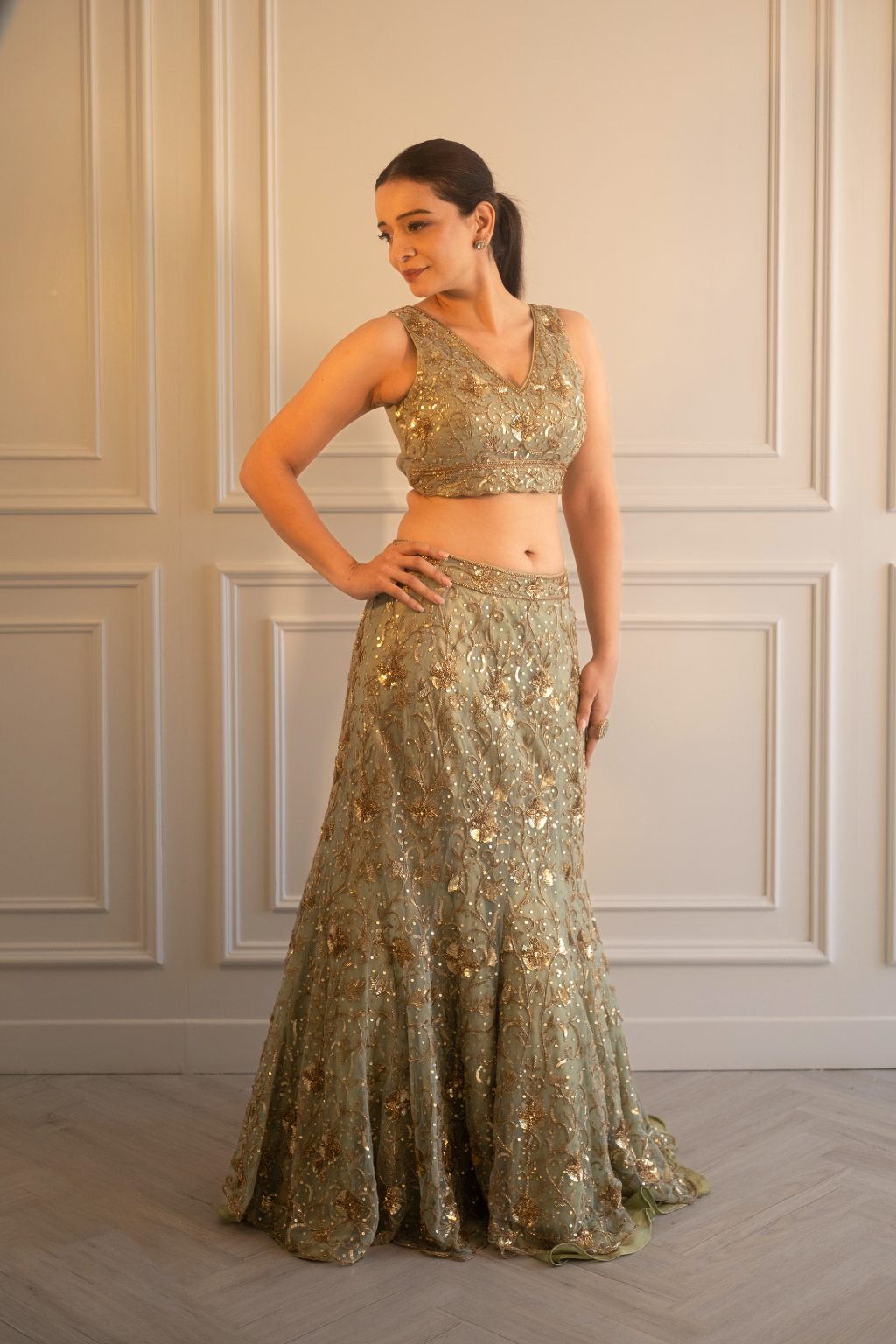 Sage Green Embroidered Crop Set - SARA by Rashi - gowns for indian wedding reception