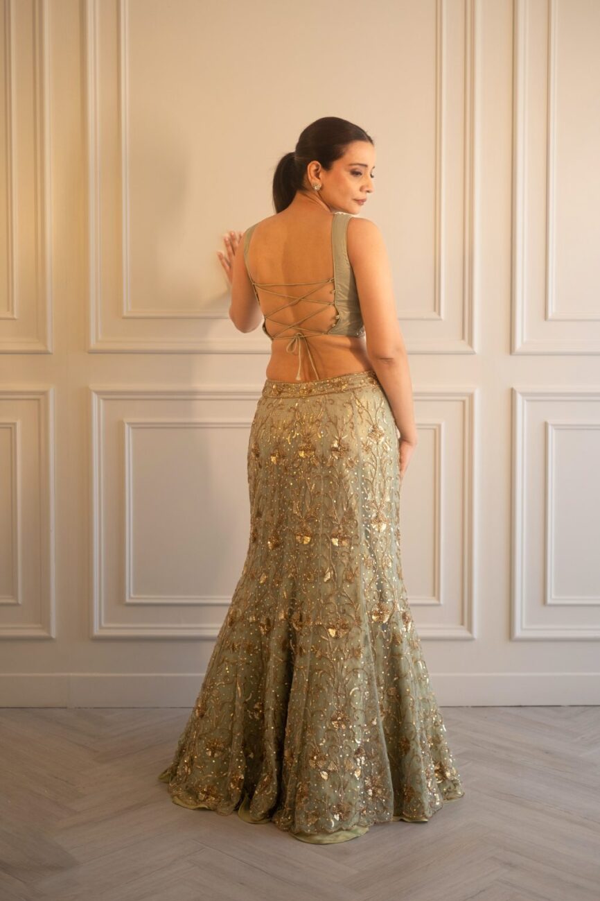 Embroidered Sage Green Crop Set - SARA by Rashi - indian wedding gown