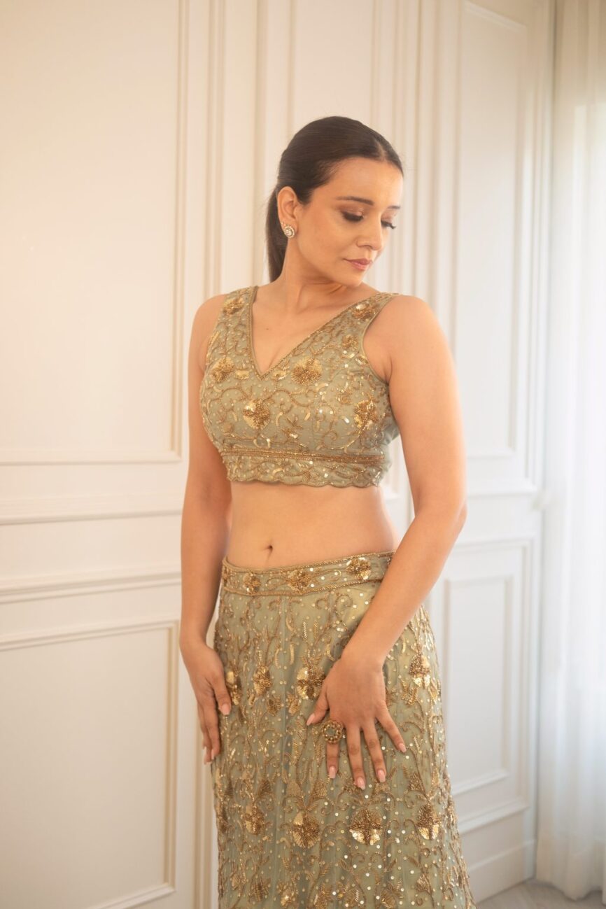 wedding gown for indian bride Embroidered Sage Green Crop Set - SARA by Rashi