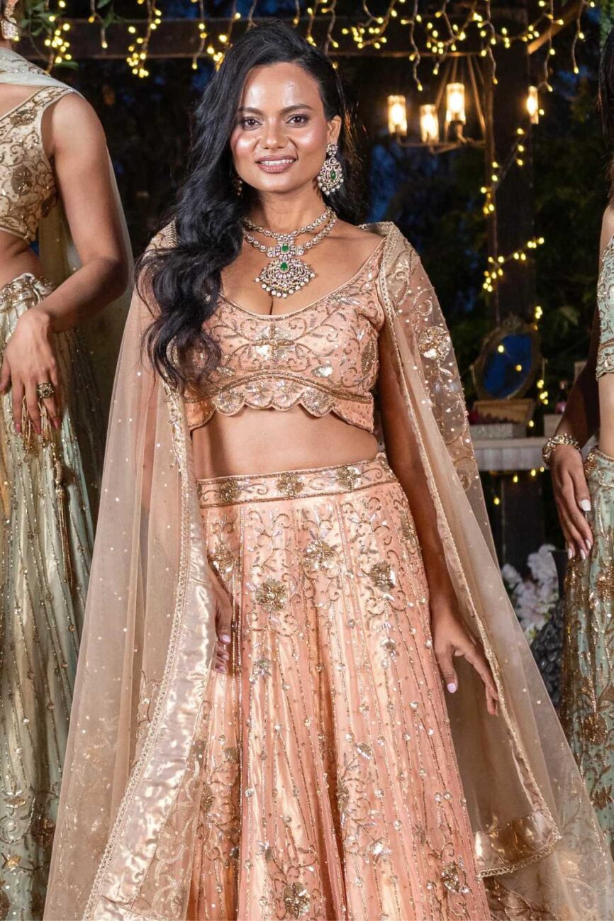 Gold And Peach Hand Embroidered Lehenga- SARA By Rashi