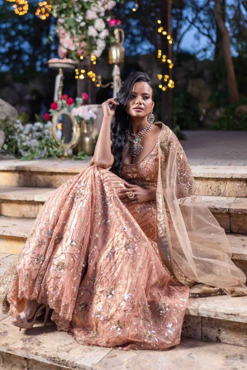 Gold And Peach Hand Embroidered Lehenga