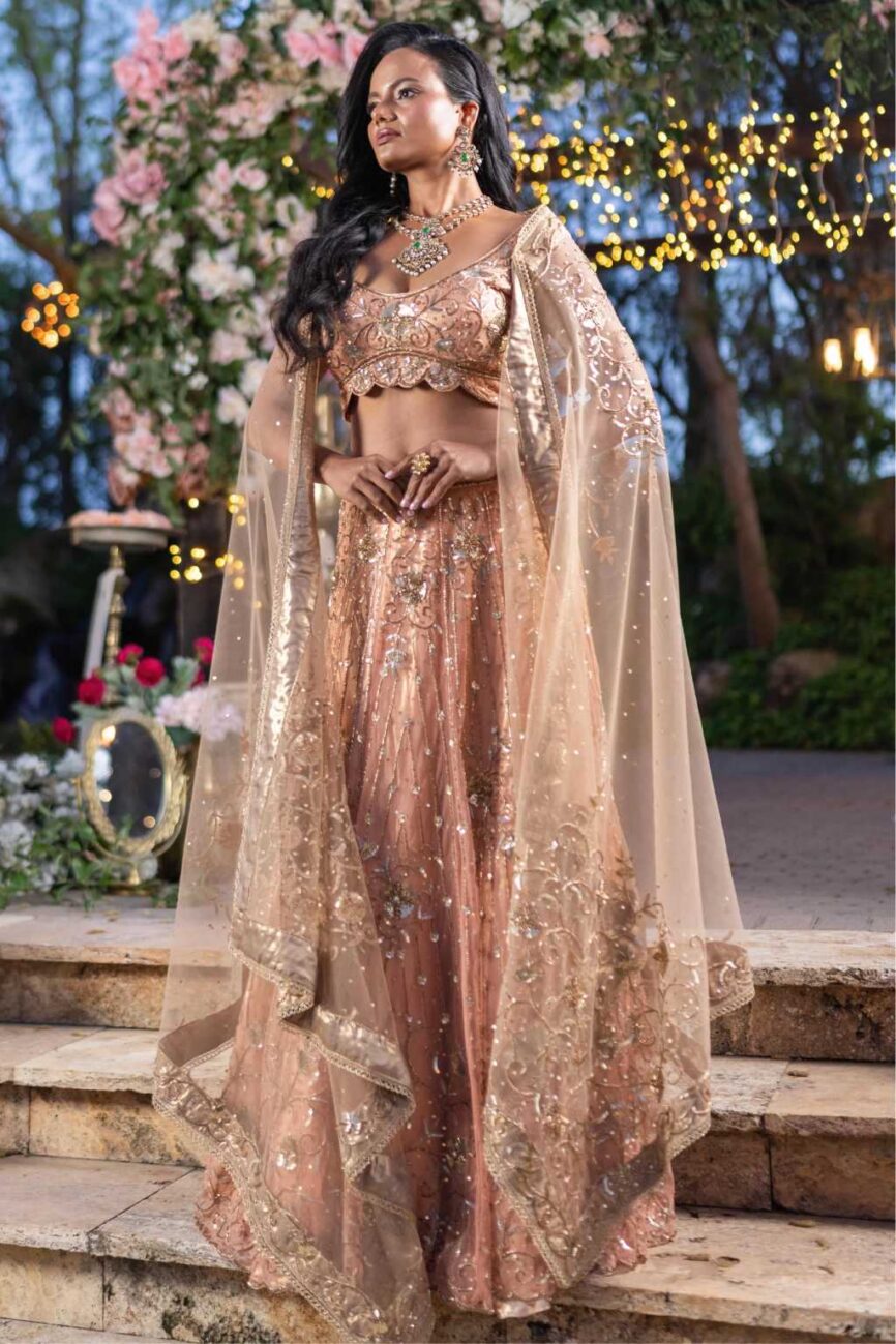 Gold And Peach Hand Embroidered Lehenga