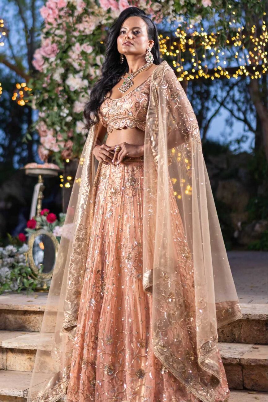 Gold And Peach Hand Embroidered Lehenga