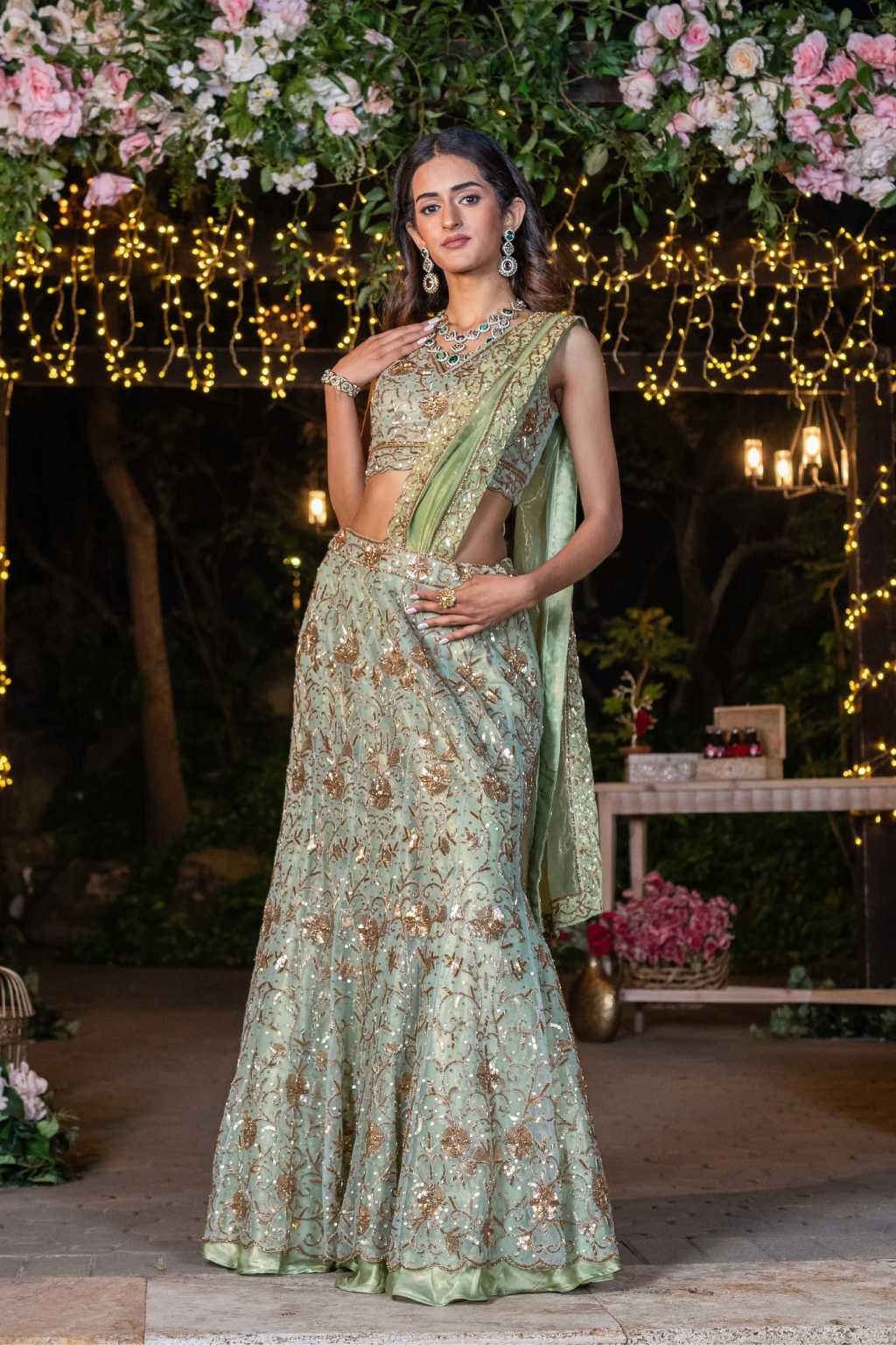 Green Hand Embroidered Saree Style Lehenga