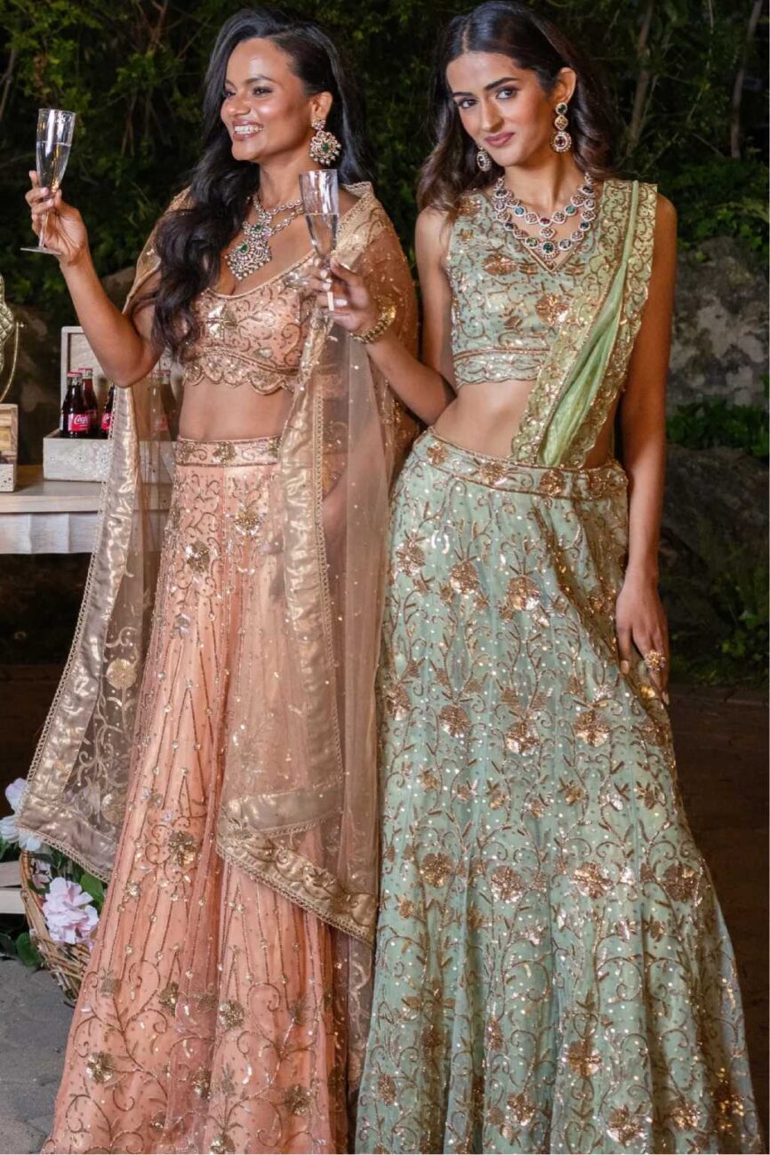 Green Hand Embroidered Saree Style Lehenga